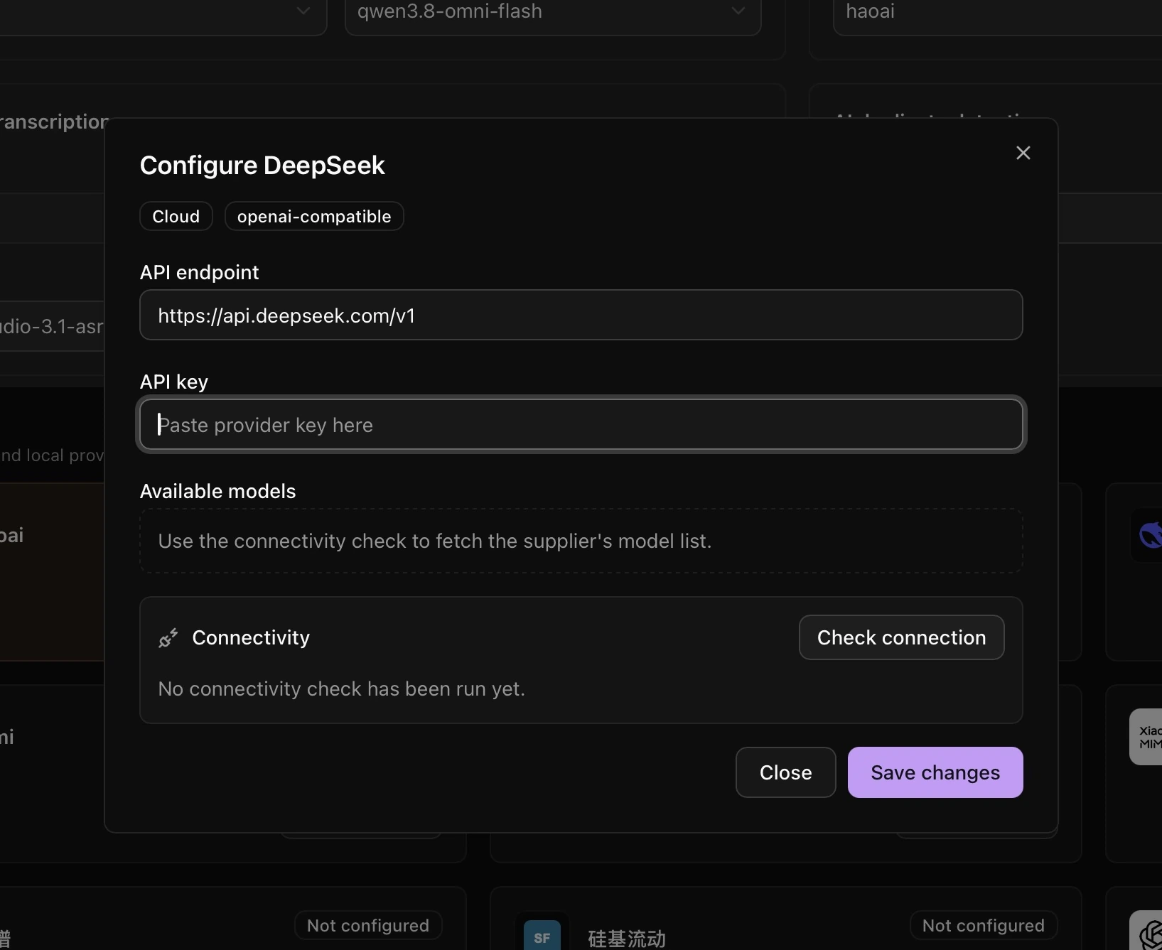 Supplier URL, API key, connection check, and save actions