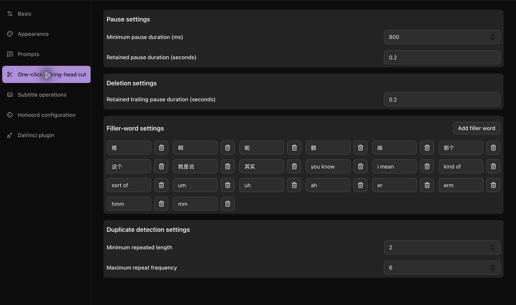 Pause, filler-word, and duplicate-detection settings