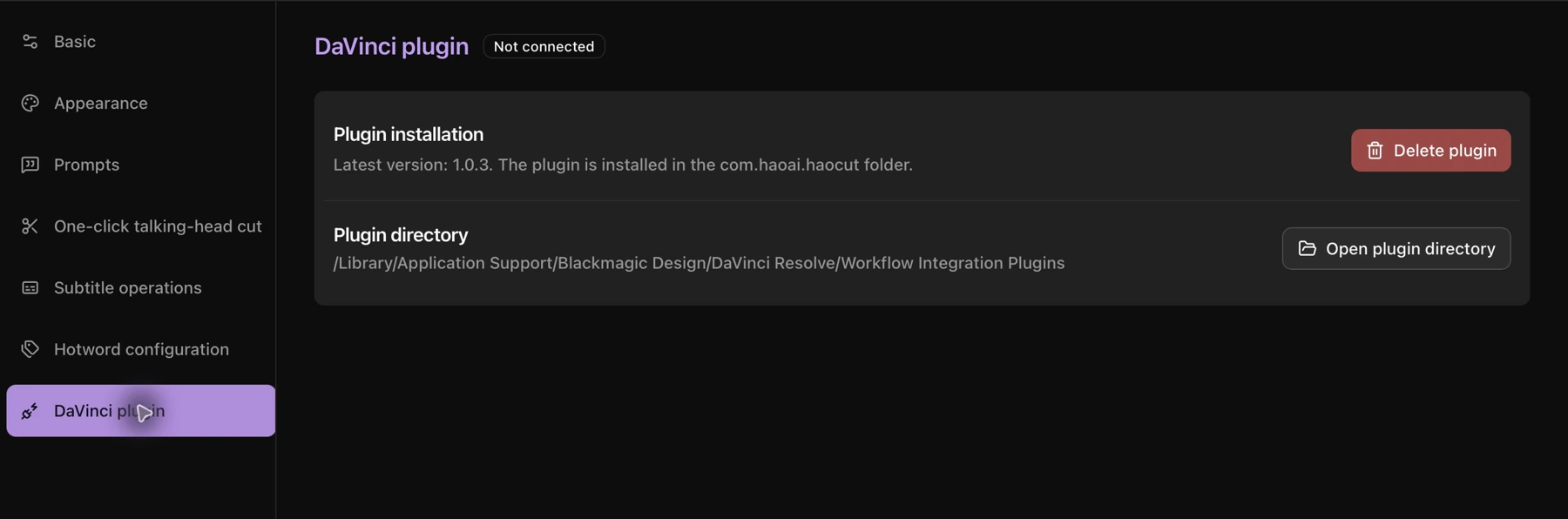 DaVinci plugin installation status and folder