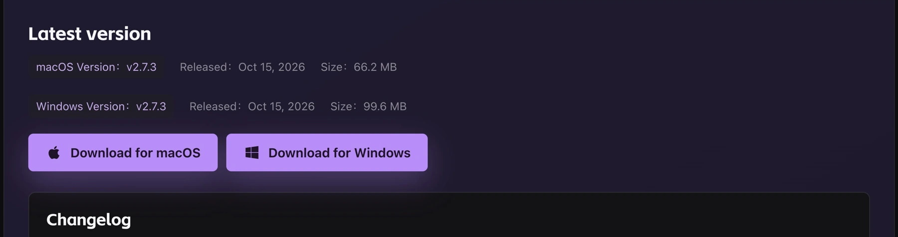 Official macOS and Windows download buttons