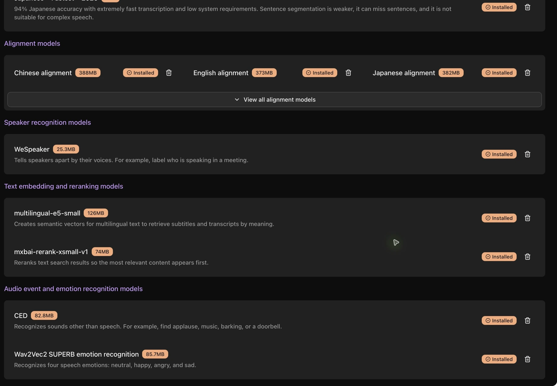 Alignment, speaker recognition, text embedding, and reranking models