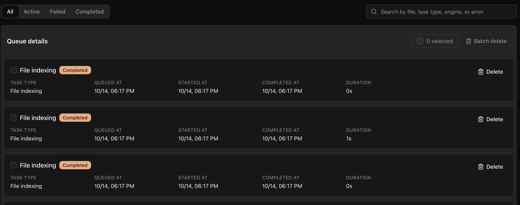 Task filters, search, and queue details