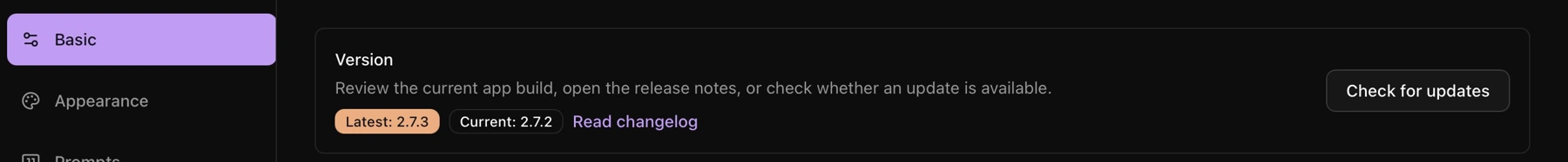 Version information and the update button in Basic settings