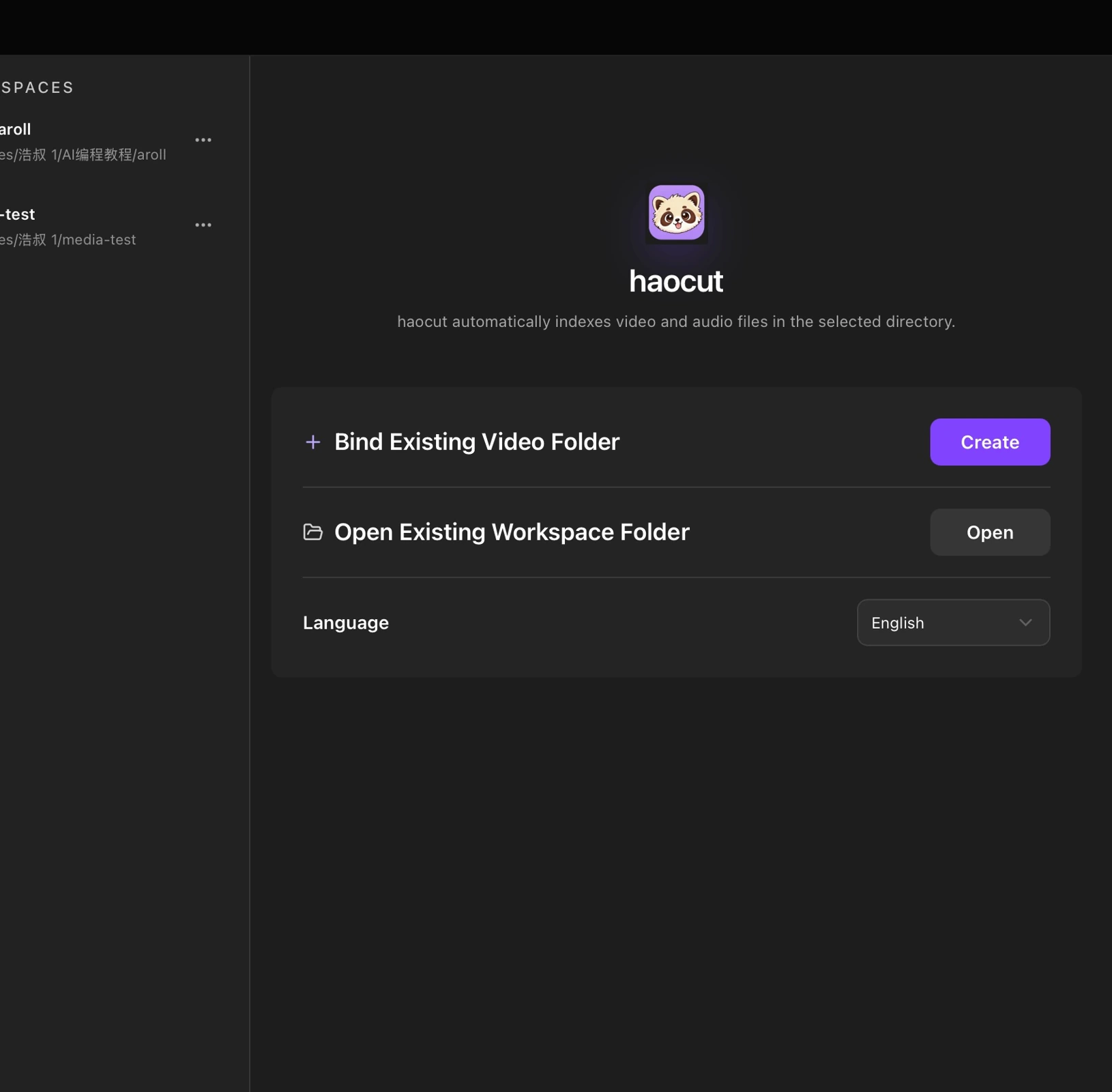 Workspace manager with Create and Open actions
