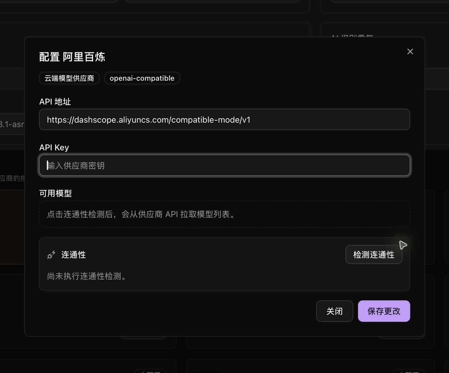 供应商配置中的接口、密钥、检测和保存入口